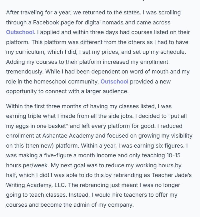 Teacher Jade采访原话:上Outschool三天上架,三个月收入是兼职的三倍,一年六位数美金