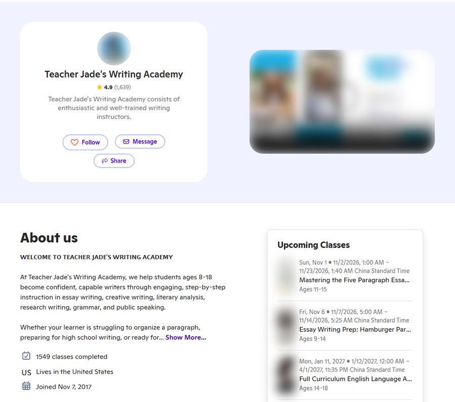 Teacher Jade's Writing Academy的Outschool机构主页:评分4.9,1639条评价,1549节课已上完