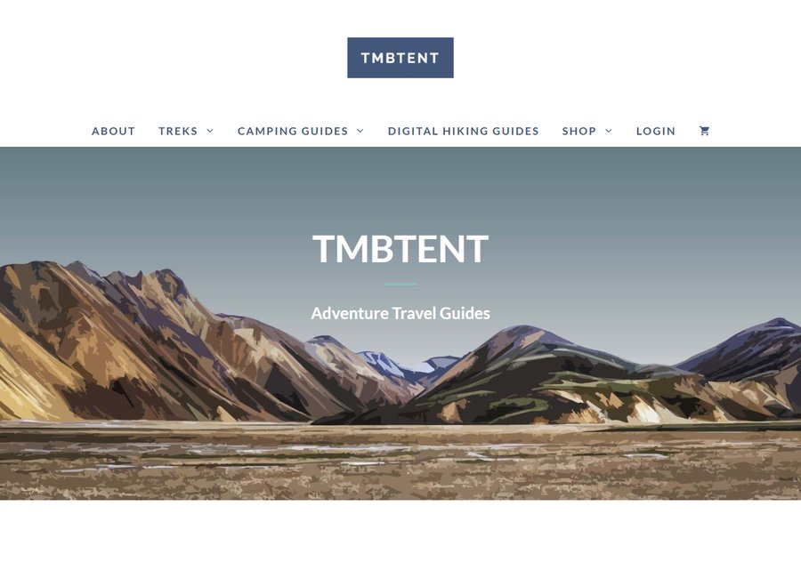 TMBTENT首页首屏:导航有Treks、Camping Guides、Digital Hiking Guides、Shop