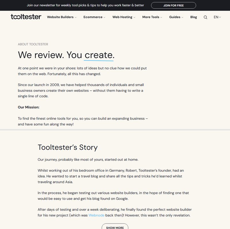 Tooltester关于页里写的从2009年上线和站长最早想做旅行博客的经过