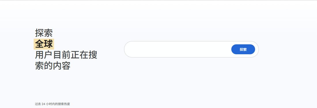 Google趋势首页:探索全球用户目前正在搜索的内容,右侧是搜索框和探索按钮