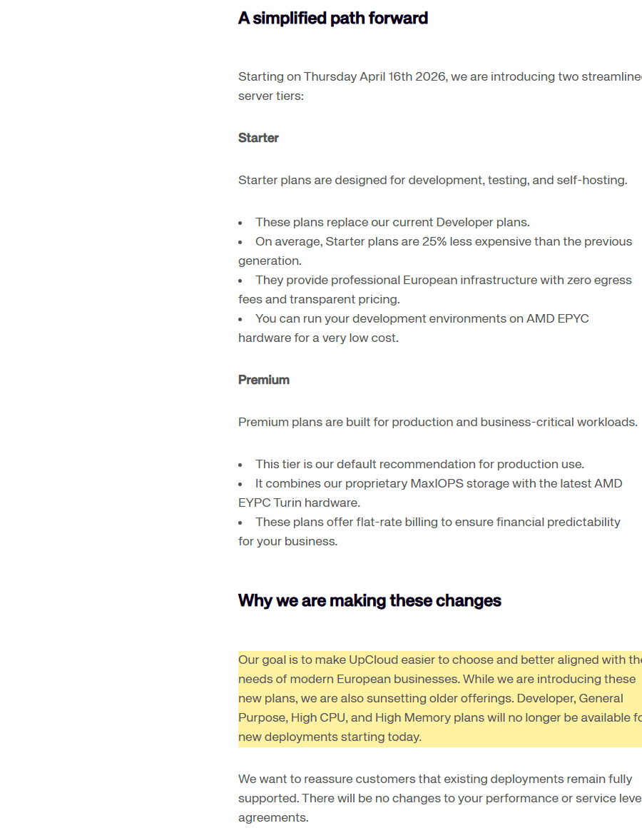 UpCloud官方换代公告:2026年4月16日起推出Starter和Premium,Developer、General Purpose、High CPU、High Memory套餐当天起不再新开