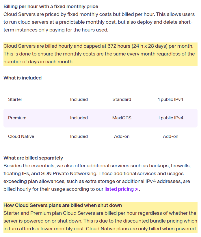 UpCloud官方计费文档:云服务器按小时计费每月封顶672小时;Starter和Premium关机也按小时计费,Cloud Native只在开机时计费
