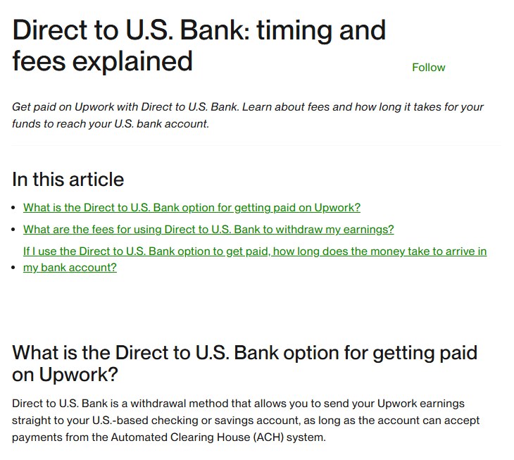 Upwork帮助中心文章页头，标题Direct to U.S. Bank: timing and fees explained，下面是文章目录和ACH提现方式的说明