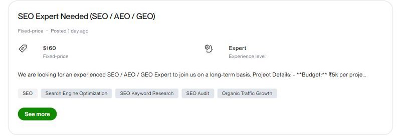 Upwork公开职位列表官方截图：SEO Expert Needed SEO AEO GEO职位，固定价160美元，Expert级别