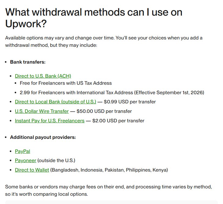 Upwork帮助中心提现方式列表：Direct to U.S. Bank免费或2.99美元、本地银行0.99美元、电汇50美元、Instant Pay 2美元、PayPal、Payoneer、Direct to Wallet