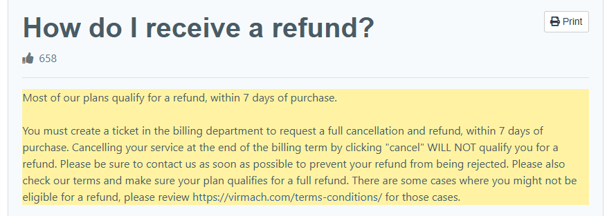 VirMach知识库How do I receive a refund,7天内在账单部门开工单申请,点cancel不算申请退款