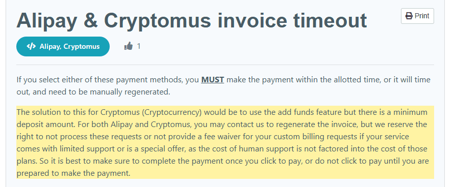 VirMach知识库Alipay和Cryptomus发票超时说明,超时要人工重开,特价和有限支持的服务可以不给重开