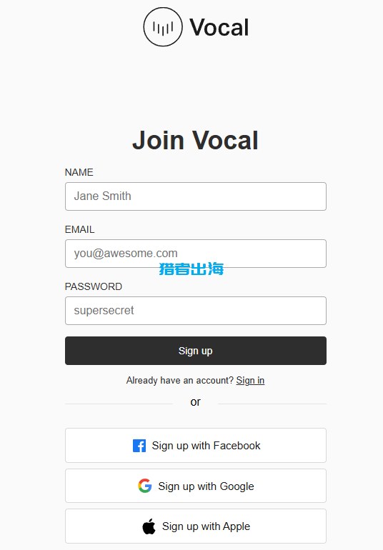 Vocal Media注册页Join Vocal：填名字、邮箱、密码，或用Facebook、Google、Apple账号注册