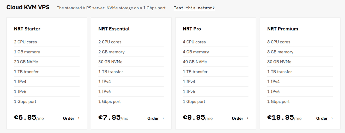 V.PS东京Cloud KVM四档：Starter 2核1GB 20GB NVMe每月6.95欧元，Essential 7.95欧元，Pro 9.95欧元，Premium 19.95欧元，都是每月1TB流量1Gbps端口