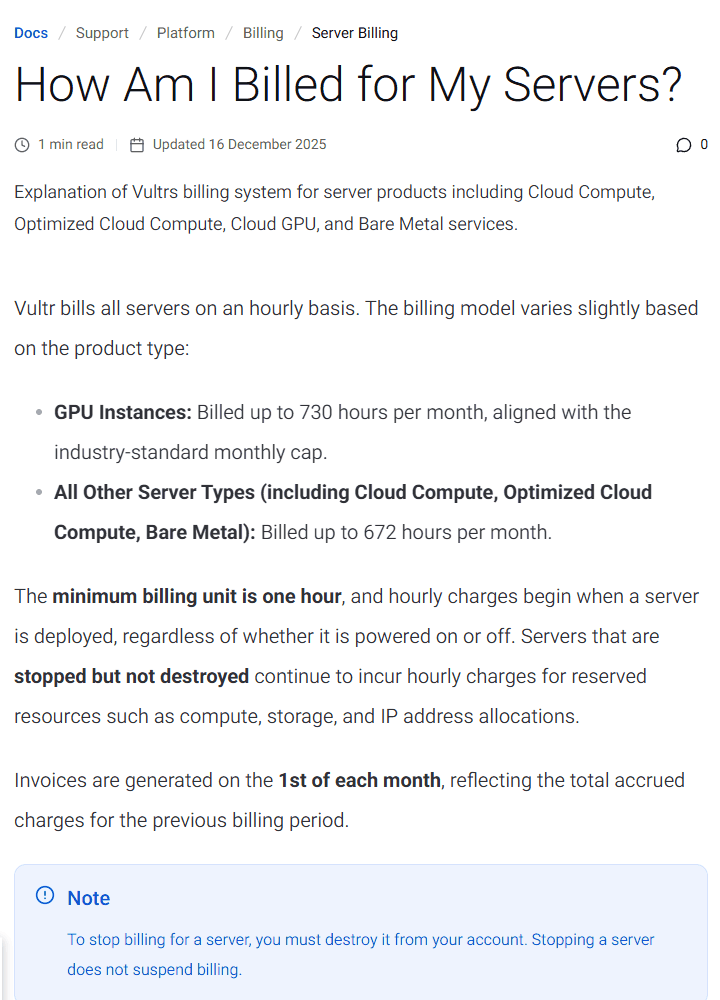 Vultr计费文档:Cloud Compute每月最多按672小时计费,部署起按小时计费,停机不删照样收费,要删除服务器才停止计费
