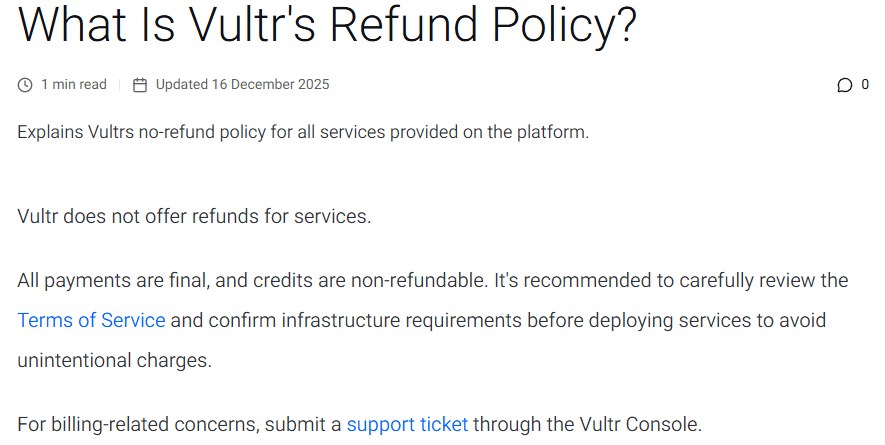Vultr退款政策页:服务不退款,所有付款为最终付款,账户余额不可退