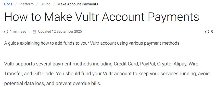 Vultr充值文档:支持信用卡、PayPal、Crypto、Alipay、电汇和礼品码