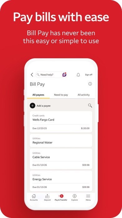 Wells Fargo手机银行官方展示图：Bill Pay账单支付页面