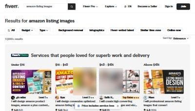 Fiverr搜amazon listing images：17,000多个服务，Fiverr's Choice四个价位档，案例卖家起价36美金