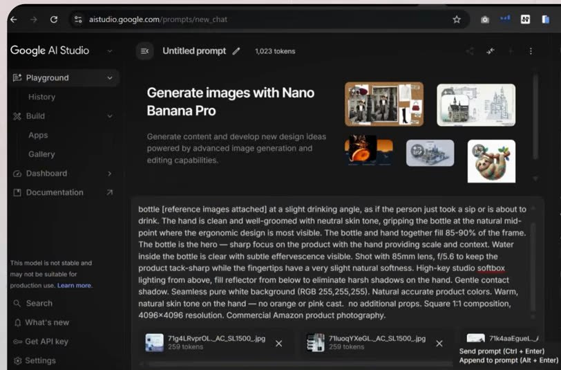 Google AI Studio里用Nano Banana Pro生成亚马逊主图的提示词：纯白背景、占画面85%到90%