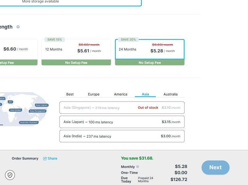 Contabo Cloud VPS 4配置页:1个月$6.60、12个月$5.61、24个月$5.28都不收安装费,机房选Asia (India)每月加$3.00