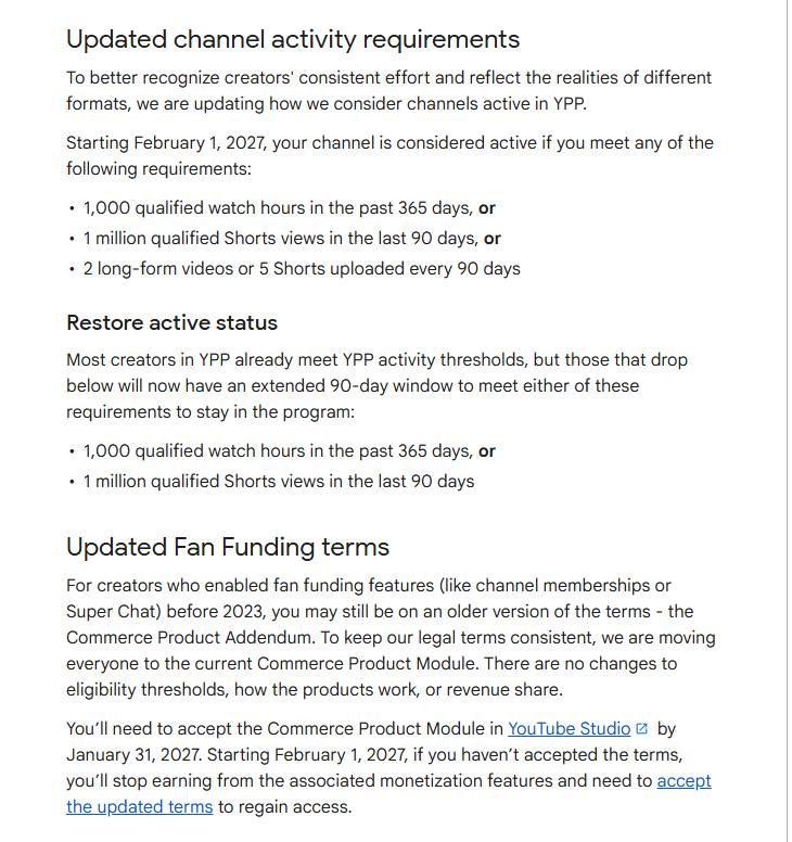 YouTube帮助中心活跃度一节：1,000小时、100万次Shorts观看、每90天2个长视频或5个Shorts三选一，以及90天恢复期和粉丝打赏条款