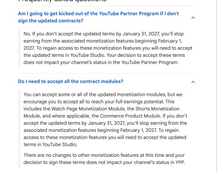 YouTube帮助中心常见问题：不接受更新后的合同会不会被踢出YPP，答案是不会，以及是否要接受全部合同模块
