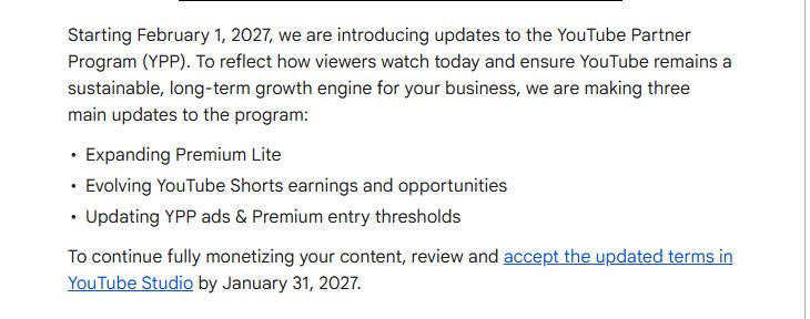 YouTube帮助中心页开头：2027年2月1日起更新合作伙伴计划，三项主要更新，最后一句是请在2027年1月31日之前在YouTube工作室接受更新后的条款