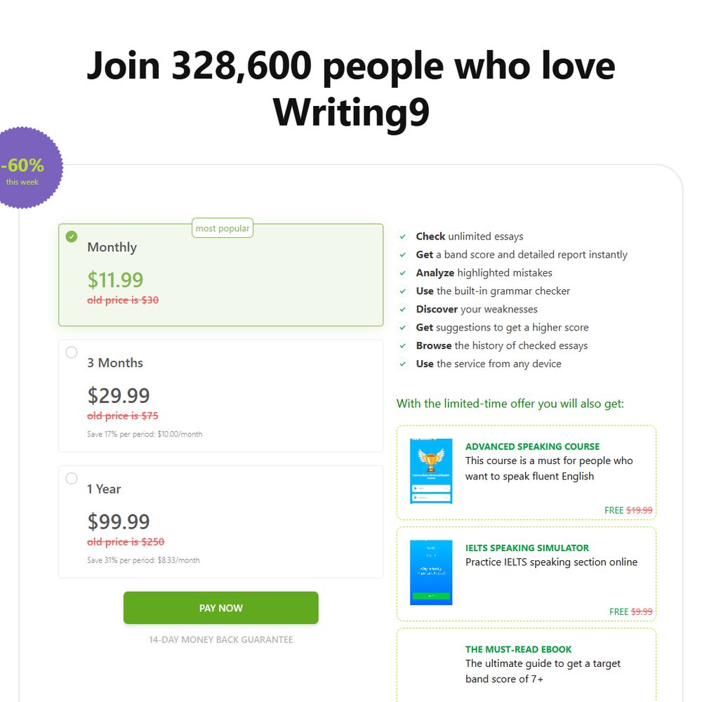 Writing9官网2023年1月存档价格：月付11.99美金、3个月29.99、1年99.99，14天退款