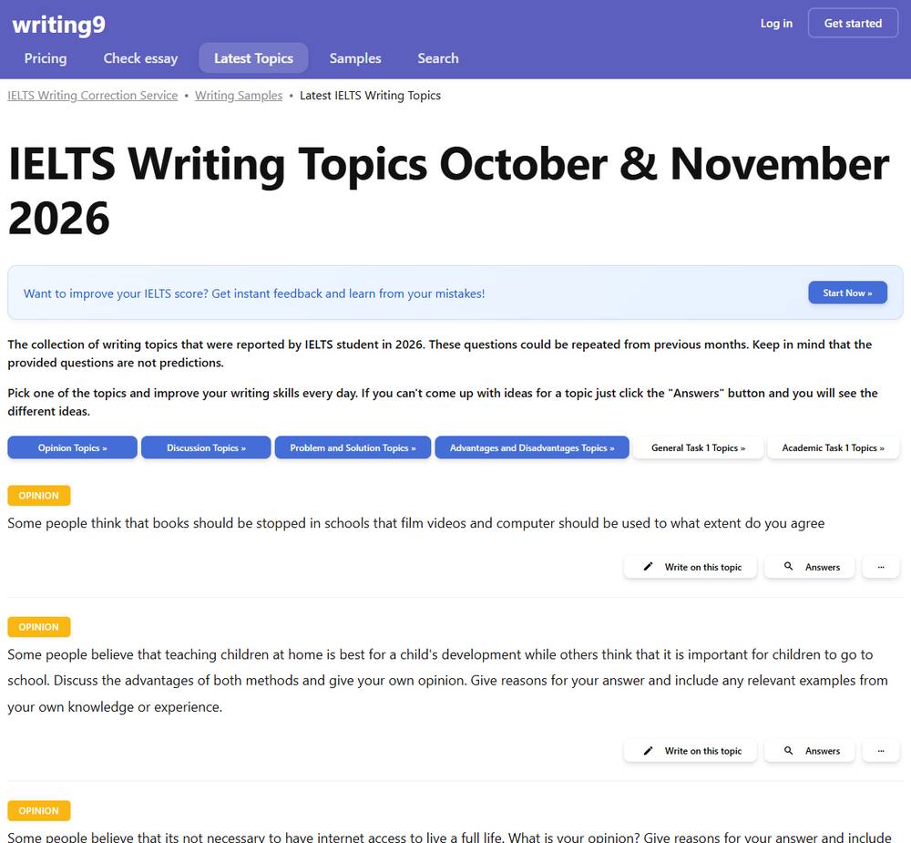 Writing9雅思写作题目页：2026年10月和11月考生回忆的题目，每题有去写和看思路两个按钮