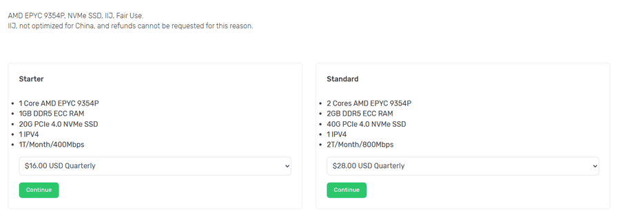 ZgoCloud大阪AMD Performance VPS下单页:IIJ线路,写明not optimized for China,Starter 1核1GB每季16美元