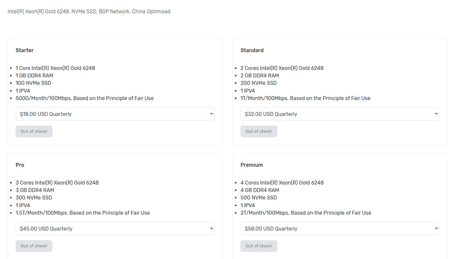 ZgoCloud东京Intel VPS下单页:BGP Network, China Optimised,Starter每季18美元,四档都显示Out of stock