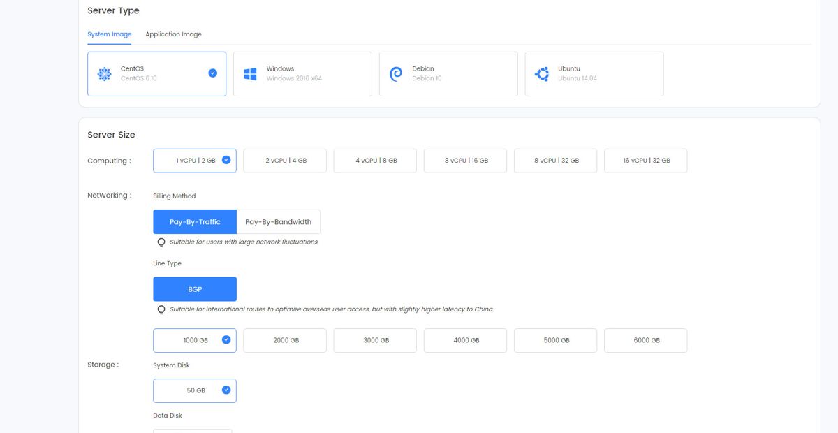 LightNode下单页选择系统、配置、按流量计费和BGP线路，提示BGP到中国延迟略高