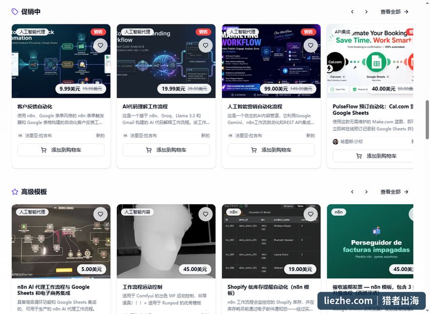 n8nMarkets工作流模板促销区和高级模板区的定价情况