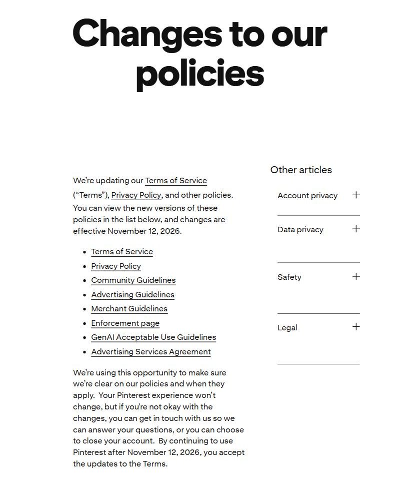 Pinterest帮助中心Changes to our policies页，列出服务条款、隐私政策、社区准则等8份政策，写明changes are effective November 12, 2026，继续使用即接受更新