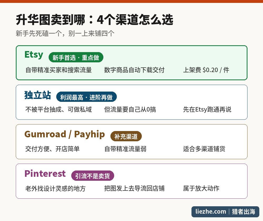 PNG升华图4个销售渠道对比：Etsy新手首选、独立站进阶做、Gumroad和Payhip补充、Pinterest引流