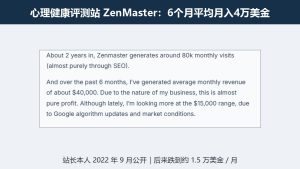 心理健康评测站ZenMaster站长2022年9月公开：6个月平均月入约4万美金，后来跌到约1.5万