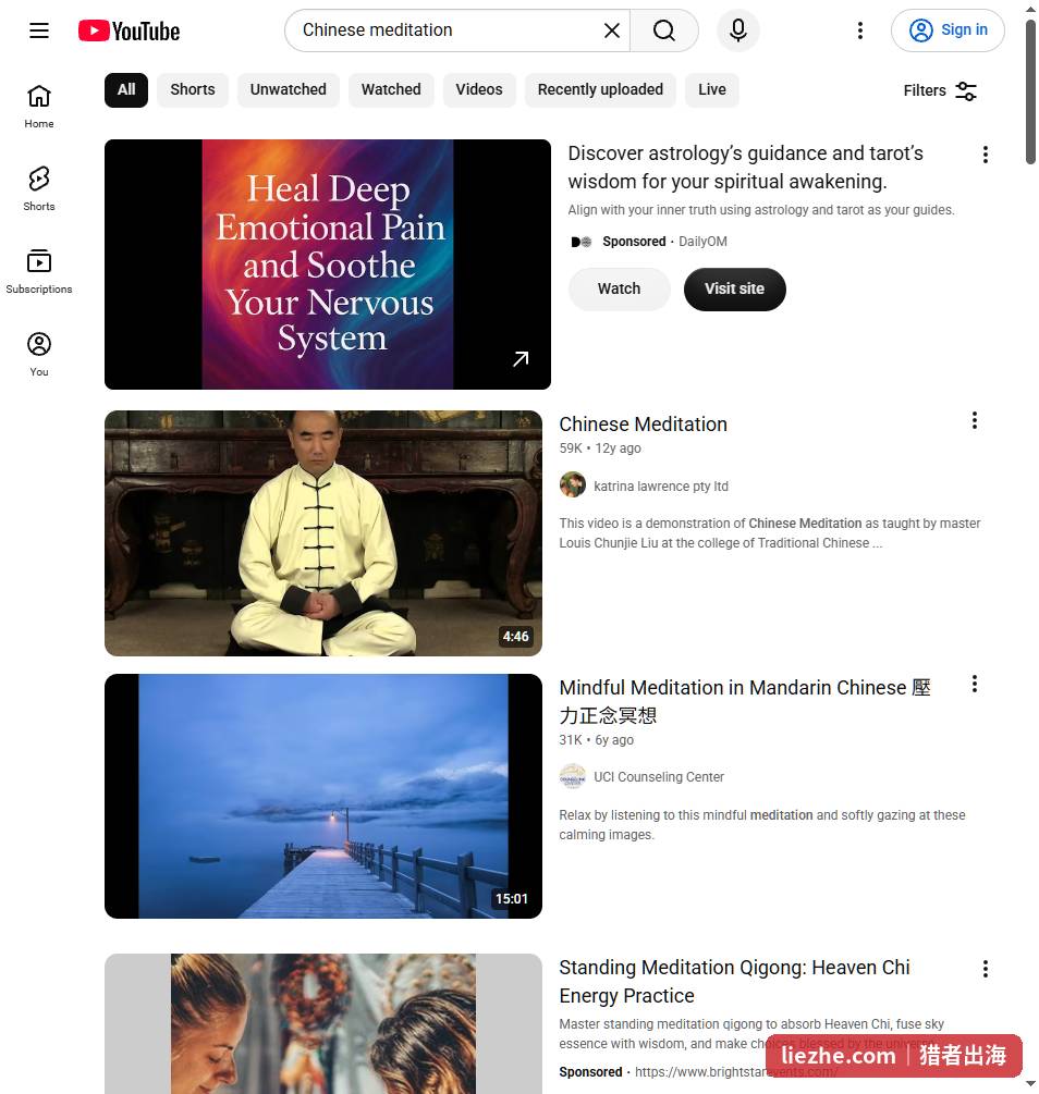 YouTube搜索Chinese meditation的结果页,前排多为老旧视频