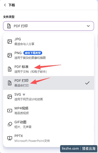 Canva下载文件类型选择界面，PDF标准适用于文档、PDF打印最适合打印