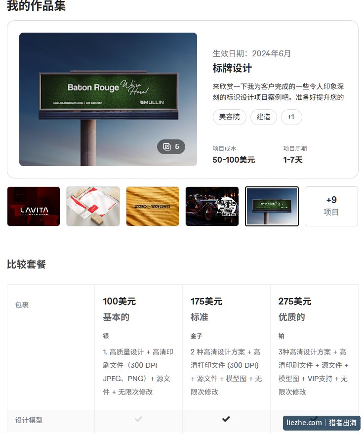 Fiverr标牌设计卖家的作品集与三档套餐：100、175、275美元，含300DPI印刷文件和源文件